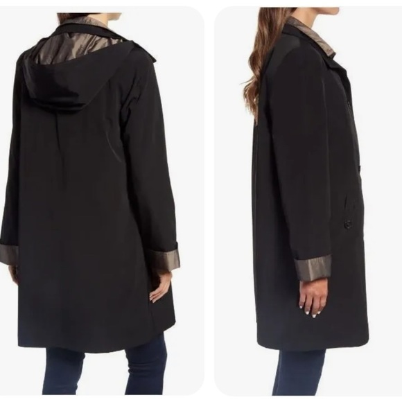 Gallery Hooded Trench Coat Size LP Black Long Zip Rain Resistant Detachable Hood - Picture 6 of 13